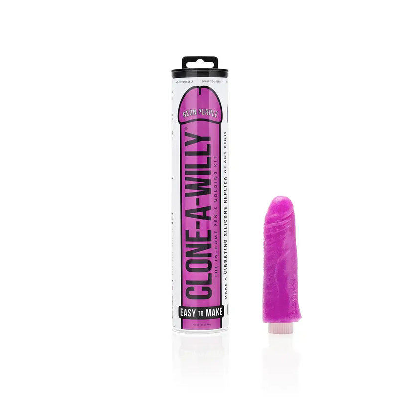 Clone-A-Willy Neon Purple Vibrating Silicone Dildo Kit with container and completed dildo standing upright.