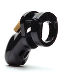CB-3000 3 Inch Cock Cage and Lock Set Black side view showcasing sleek design and locking mechanism.