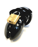 CB-X Mr Stubb Cock Cage Kit Black with master lock close up for male chastity and sensual restraint.