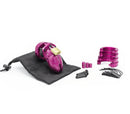 CB 6000S Cock Chastity Cage Kit Pink Glitter with accessories and storage pouch on a white background.