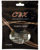 CB-X Plastic Cock Cage Lock Pack of 10 Green displayed in packaging with multiple plastic locks visible.