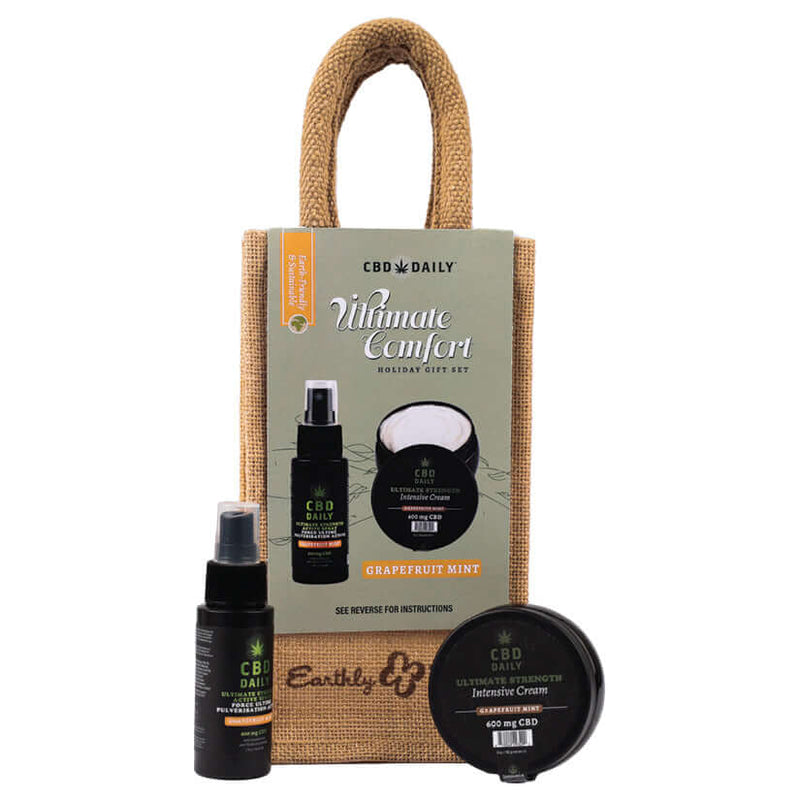 CBD Daily Ultimate Strength Grapefruit Mint holiday gift set with jute bag, includes active spray and moisturizing cream.