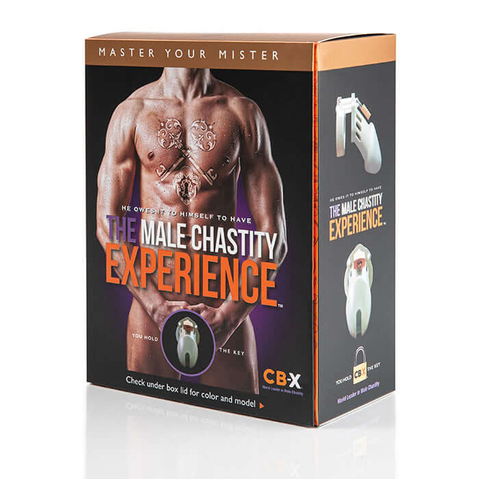 CBX Male Chastity Experience kit packaging featuring a muscular model, highlighting sensual restraint products.