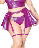 Darque PVC Skirt with Removable Leg Straps Purple Queen displayed on a model showcasing its shiny finish and adjustable clips.