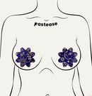 Midnight Celestial Sun & Moon Petal Breast Pasties showcased on a stylized female silhouette, featuring mystical designs.