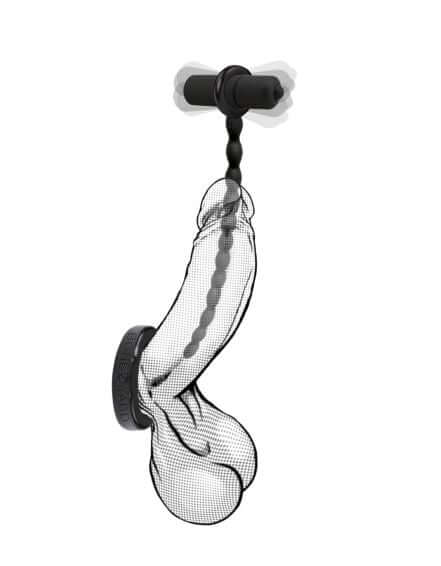 Boneyard Silicone Urethral Trainer Kit with Bullet Black displayed on a wall with a black suction base and silicone rods.
