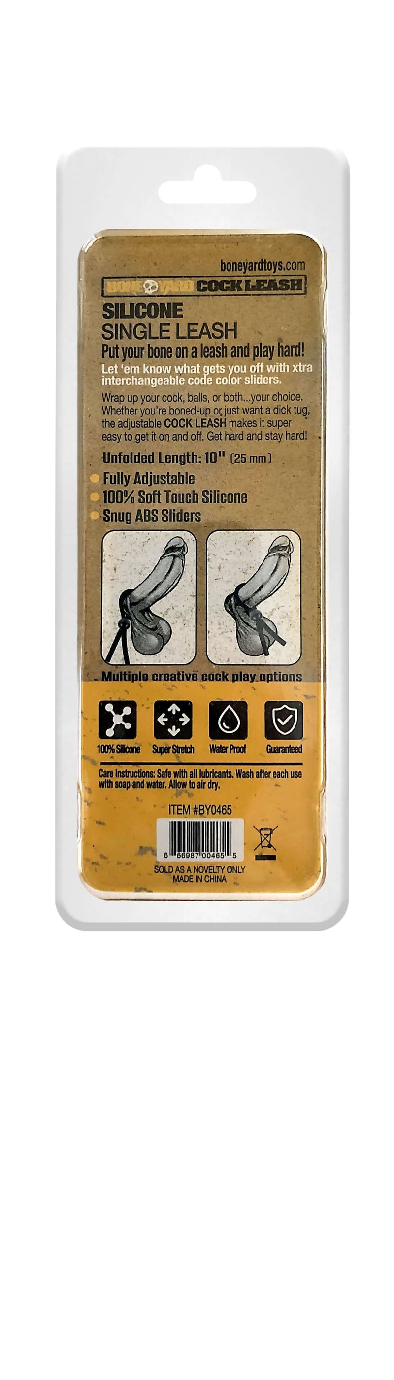 Boneyard Single Slide Cock Leash 2X Stretch Silicone Cock Tie packaging showing features and usage instructions.