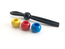 Boneyard Single Slide Cock Leash 2X Stretch Silicone Cock Tie with colorful beads in yellow, red, and blue.