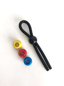 Boneyard Single Slide Cock Leash 2X Stretch Silicone Cock Tie with adjustable black silicone and colorful rings.