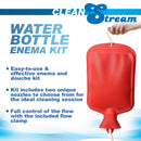 Clean Stream Water Bottle Enema Kit with red water bottle and features listed, including easy-to-use nozzles and flow control clamp.
