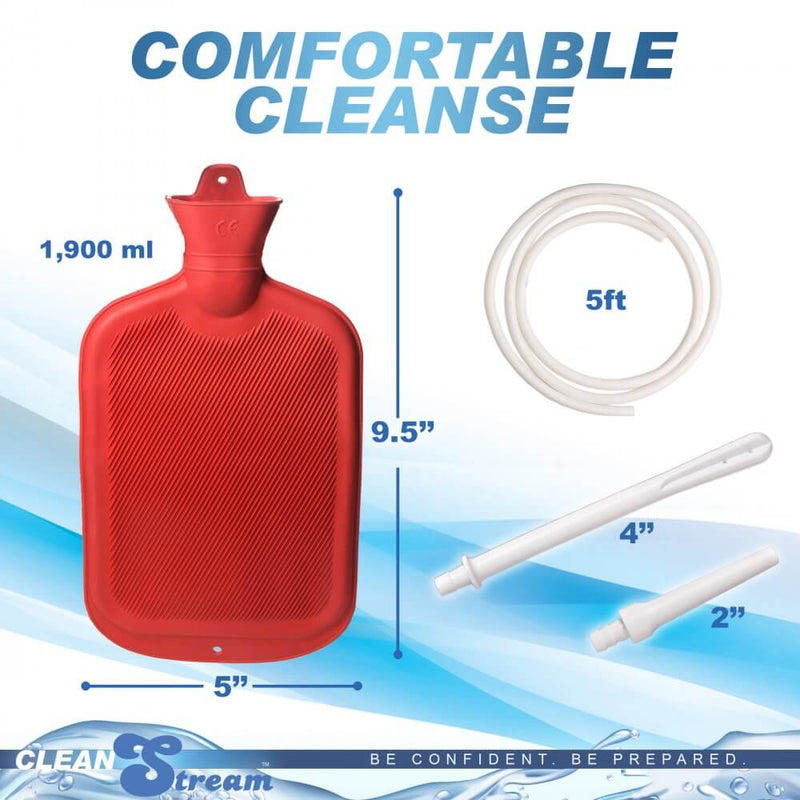 Clean Stream Water Bottle Douche Kit with red douche bag and attachment parts for comfortable cleansing solution.