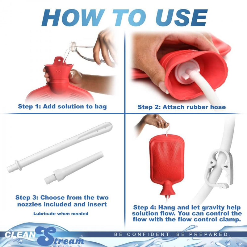 Instructions for using the Clean Stream Water Bottle Douche Kit with step-by-step guide for setup and flow control.