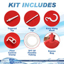 Clean Stream Water Bottle Douche Kit components including tapered tip, nozzle tip, easy hang hook, flow control clamp, tubing, and enema bag.