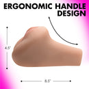 Juicy Wet Look Masturbator Missionary Emily Light showcasing ergonomic handle design with size dimensions.