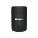 Mistress Double Shot Mouth and Pussy Stroker Dark compact black container for adult toy.