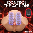 Mistress Squeezing and Vibrating Pussy and Ass Masturbator with remote control, showcasing vibrational action features.