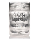 Mistress Double Shot Mouth and Pussy Stroker Clear in a see-through design showcasing the textured interior.