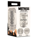 Mistress Double Shot Mouth and Pussy Stroker Clear packaging showcasing dual entrances for varied sensations.