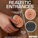 Mistress Vibrating Double Shot Mouth and Pussy Stroker featuring realistic vaginal and anal openings in a non-slip case.