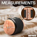 Mistress Vibrating Double Shot Mouth and Pussy Stroker with measurements displayed on a bed.