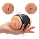 Mistress Vibrating Double Shot Mouth and Pussy Stroker showcased in hand, featuring dual textured entry points and vibration.