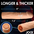 Jock Extra Long 1.5 Inch Penis Extension Light showcasing added length and girth with detailed measurements.