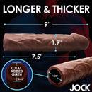 Jock Extra Long 1.5 Inch Penis Extension Dark showing length and girth measurements for enhanced performance.