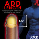 Jock Extra Long 1.5 Inch Penis Extension Dark demonstrating added length of 1.5 inches for enhanced pleasure.