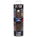 Jock Extra Long 1.5 Inch Penis Extension Dark packaging showcasing 1.5 inches longer and 0.65 inches thicker features.