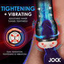 Jock Tightening and Vibrating Masturbator Black showcasing adjustable tunnel tightness and dual sensation features.