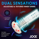 Jock Tightening and Vibrating Masturbator Black showcasing adjustable settings and textured inner tunnel.