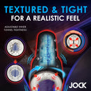 Jock Tightening and Vibrating Masturbator Black showcasing adjustable inner tunnel tightness and realistic texture.