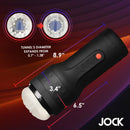 Jock Tightening and Vibrating Masturbator Black showing size details and texture design.