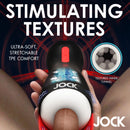 Jock Sucking and Vibrating Masturbator featuring ultra-soft, stretchable TPE and textured inner tunnel for enhanced stimulation.