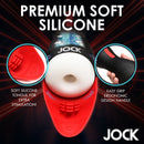 Jock Sucking and Vibrating Masturbator featuring premium soft silicone and easy grip ergonomic handle.