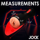 Jock Sucking and Vibrating Pussy Masturbator with measurements including 5" insertion length and 12.6" total length.