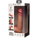 Jock 8 Inch Real Skin Silicone Dildo with Balls Medium in packaging showcasing vivid glans and lifelike veins.