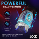 Jock Spinning and Thrusting Masturbator with 2 Bullets showcasing powerful bullet vibrators and interior vibration features.