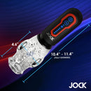 Jock Spinning and Thrusting Masturbator with 2 Bullets showing dimensions and design features in a vibrant background.