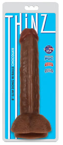 Thinz 8 inches Slim Dong with Balls Dark Brown on packaging with blue background, showcasing realistic details.