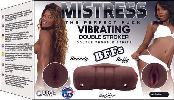 Mistress Brandy and Buffy vibrating stroker with BioSkin design for intense pleasure and unique sensations.