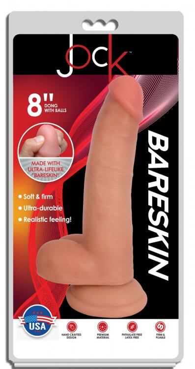 Jock Bareskin 8-inch realistic dildo with balls in packaging, made from lifelike Bareskin PVC for a soft, firm, and durable experience.