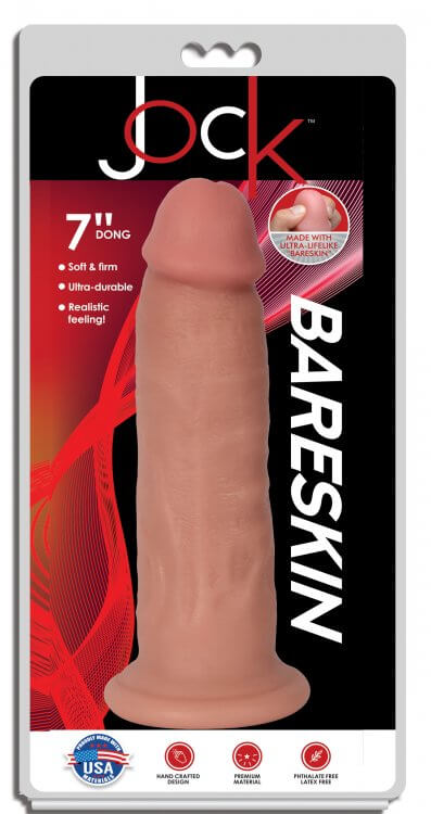 Jock Bareskin 7-Inch Dildo packaging showcasing ultra-durable material and realistic feel by Curve Toys.