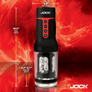 Jock Auto Spin Spinning and Thrusting Masturbator with specifications and textured sleeve design.