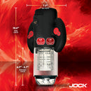 Jock Spinning Thrusting and Sucking Masturbator Black with dimensions and features highlighted on a fiery background.