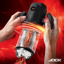 Jock Spinning Thrusting and Sucking Masturbator Black in use with hands gripping and adjusting settings.
