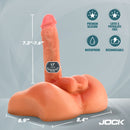 Jock Power Rod Thrusting and Vibrating Dildo with Remote showcasing dimensions and features like premium silicone and waterproof design.