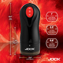 Jock Gyroblast Gyrating Sucking and Vibrating Masturbator dimensions and features against a fiery background.