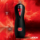 Jock Banger Sucking and Vibrating Pussy Masturbator with LED screen and control buttons on a red background.
