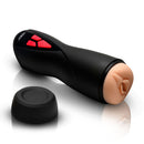 Jock Banger Sucking and Vibrating Pussy Masturbator with black handle and lifelike vulva entrance.